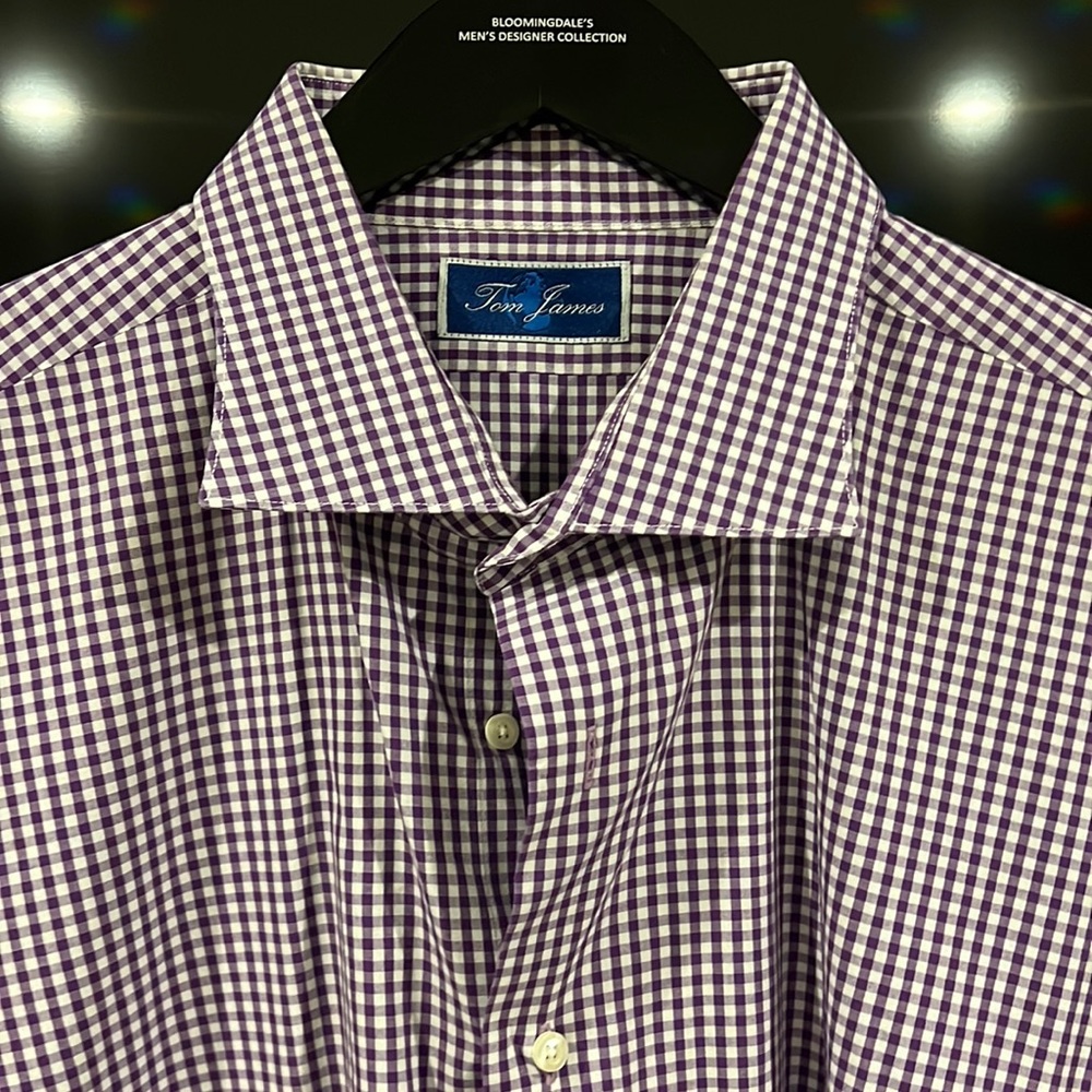 Tom James custom mens shirt. Purple gingham